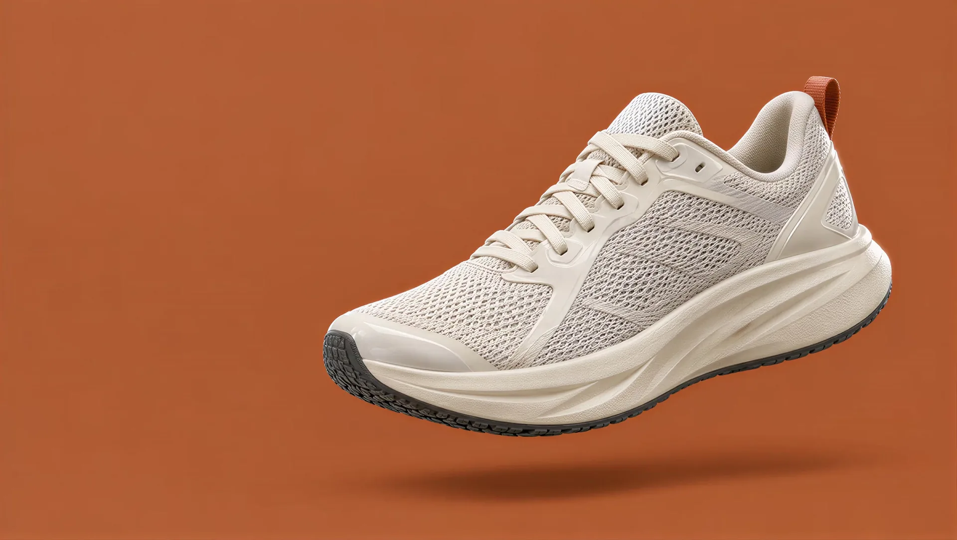 Běžecká bota vznášející se nad terakotovým pozadím