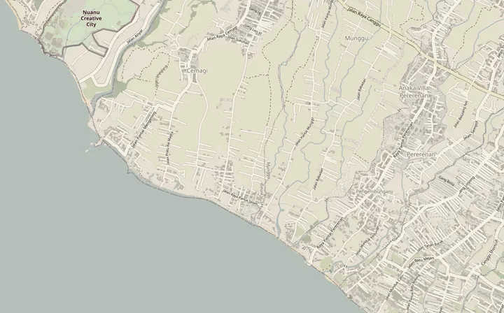 Mapa okolí pozemku Seseh Villa: pobřeží, Jalan Raya Pantai Seseh a obec Cemagi